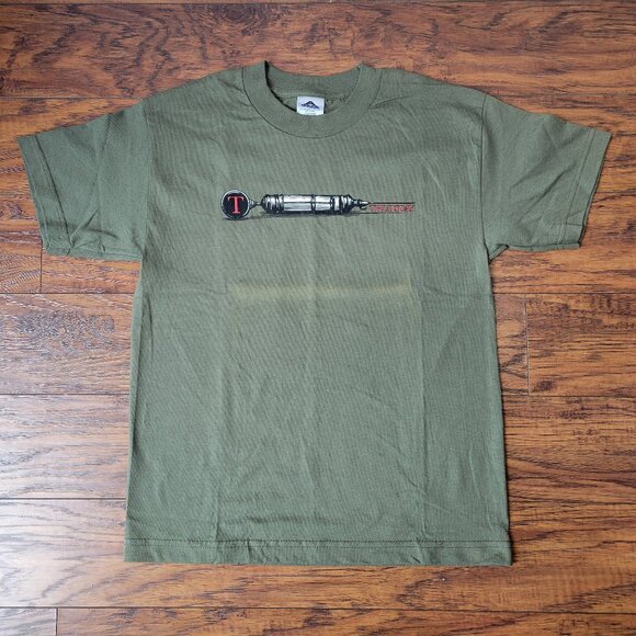 THURSDAY Band Needle Sketch Logo Moss Green Kid's T-Shirt sz YM NEW w Defect Emo - Picture 1 of 6